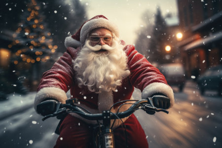 Santa Claus riding a bicycle on a snowy street. Christmas and New Year concept.の素材