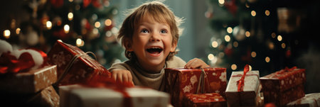 Portrait of a little boy with a gift box near the Christmas treeの素材