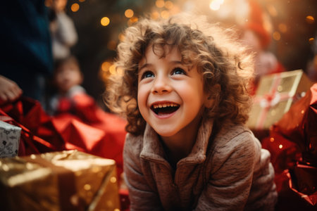 Happy little boy with Christmas gifts on the background of the Christmas treeの素材