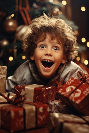 Surprised little boy with Christmas gifts in front of christmas treeの素材