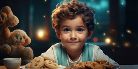 Innocence and Delight: A Child's Wide-Eyed Wonder Fixed Upon a Plate of Warm, Freshly Baked Cookies Meant for Santa.の素材