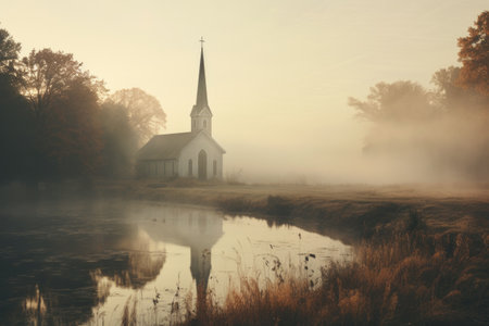 Church on the bank of the river in the misty morning.の素材