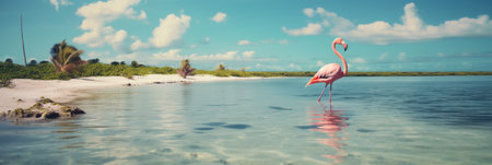 Flamingo in the lagoon at Seychelles. Panoramaの素材