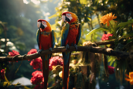 Colorful macaws sitting on a branch in a tropical garden.の素材