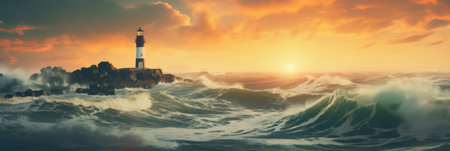 Lighthouse in the sea at sunset.の素材