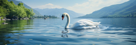 Beautiful white swan on the lake. Panoramic image.の素材