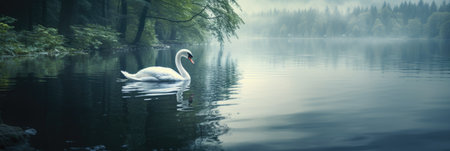 Beautiful white swan swimming on a lake in a foggy forestの素材