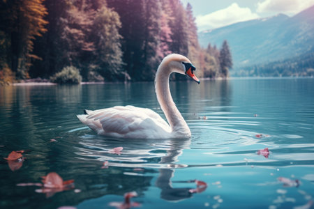 Beautiful swan swimming on the lake in the autumn forest.の素材