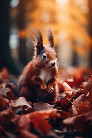 Squirrel in autumn forest. Beautiful red squirrel in autumn forest.の素材