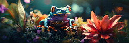 Red-eyed tree frog (Litoria caerulea) sitting on a rock with flowersの素材
