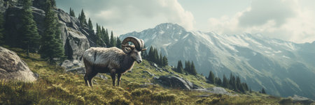 Mouflon on the background of the mountains. Panoramic image.の素材