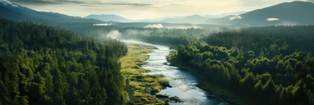 Panoramic view of the mountain river in the morning mist.の素材