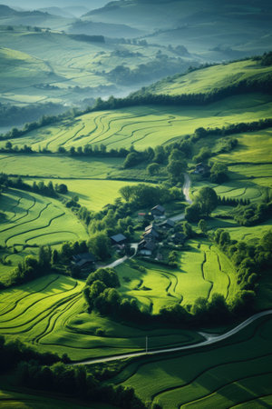 Aerial view of the countryside in the morning light in summer.の素材