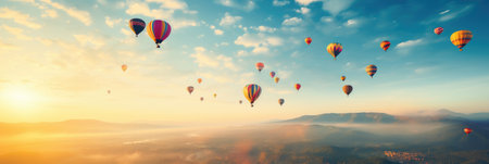 Hot air balloons flying in the sky at sunrise. Panoramic view.の素材