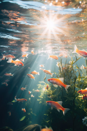 Underwater scene with fishes and sunlight. Underwater world. Underwater world.の素材