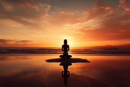 Silhouette of a woman practicing yoga on the beach at sunsetの素材