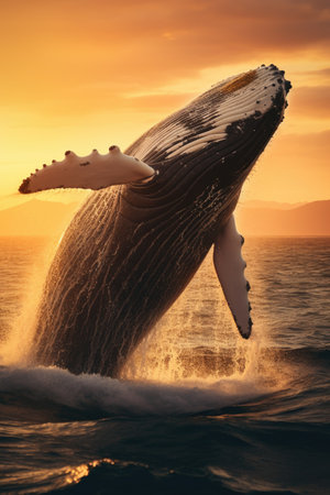 Humpback whale in the sea at sunset. Beautiful nature background.の素材