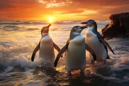 Adelie penguins at sunset on the beach, South Africaの素材