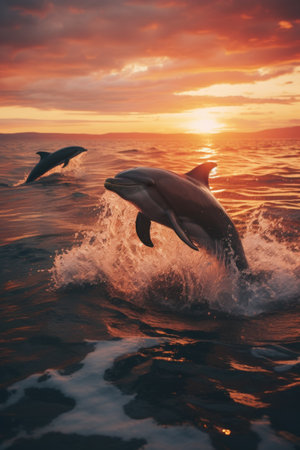 Dolphins jumping out of the sea at sunset. Toned.の素材