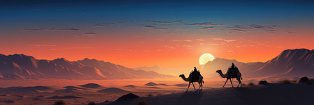 Three wise men on camels in the desert at sunset.の素材