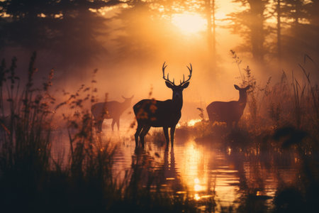 Red deer stag in morning mist at the lake with sunbeamsの素材