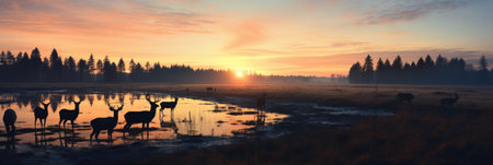 Silhouettes of deers in the mist at sunset. Panoramaの素材