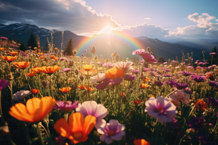 Beautiful meadow with colorful flowers at sunset in the mountains.の素材