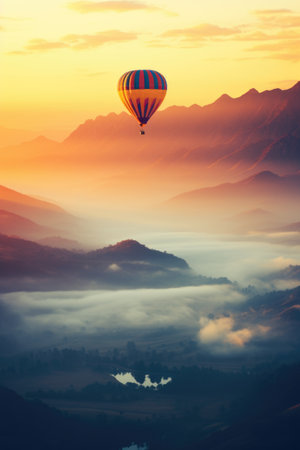 Colorful hot air balloon flying over foggy mountains at sunrise.の素材