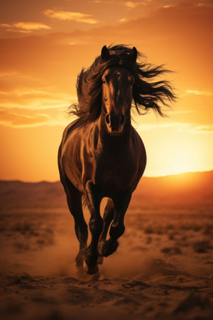 Beautiful bay horse galloping on the sand in the desert at sunsetの素材