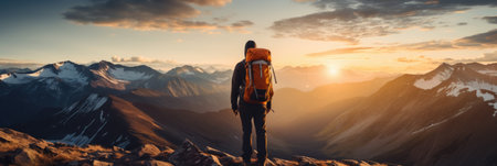 Hiker with backpack standing on top of a mountain and looking at the sunsetの素材