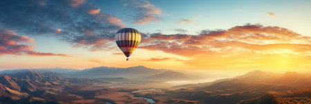 Hot air balloon flying over the mountains at sunset.の素材