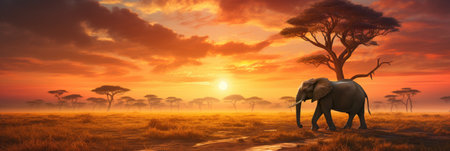 African savannah with elephants and acacia tree at sunset - panoramaの素材