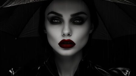 Fashion portrait of beautiful woman with black umbrella on dark background.の素材