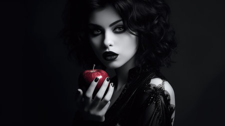 Fashion portrait of beautiful woman with red apple on black background.の素材