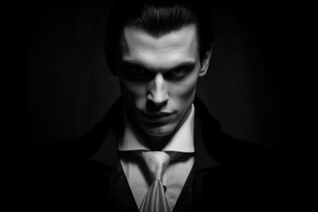 Portrait of a young man in a black suit on a dark backgroundの素材