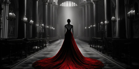 Mysterious woman in red long dress walking in a dark hallの素材