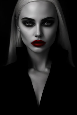 Portrait of a beautiful blonde girl in a black coat with red lipsの素材