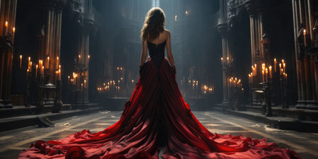 Beautiful young woman in a red dress with long curly hair in the Gothic interiorの素材