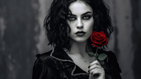Portrait of beautiful young woman with red rose in her hand.の素材