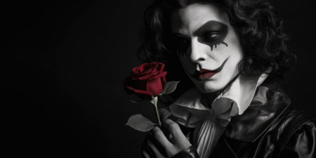 Portrait of a beautiful woman with a red rose on a black backgroundの素材