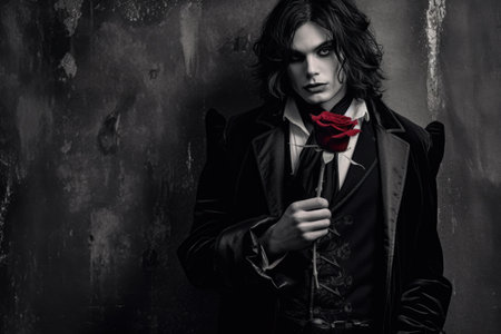Portrait of a handsome young man with a red rose. Men's beauty, fashion.の素材
