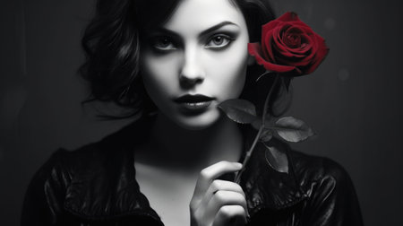 Beautiful young woman with red rose. Black and white portrait.の素材