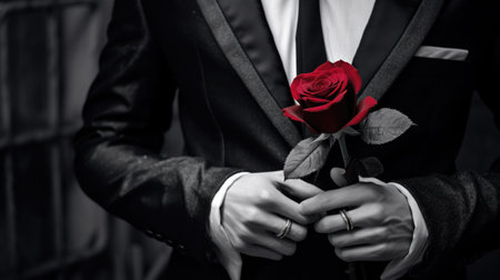 Groom with a red rose in his hands. Black and white photo.の素材