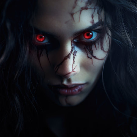 Horror woman with blood on her face, closeup portrait.の素材