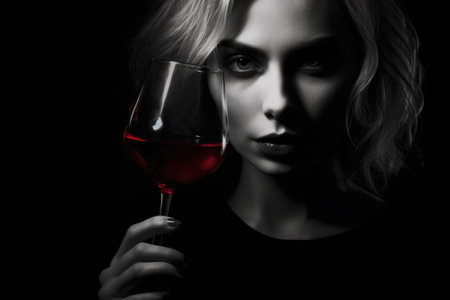 Portrait of beautiful young woman with glass of red wine on black backgroundの素材