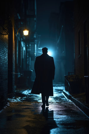 Silhouette of a man in a coat standing on the street at nightの素材