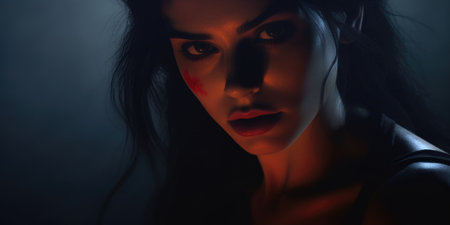 Close-up portrait of a beautiful brunette woman with blood on her faceの素材