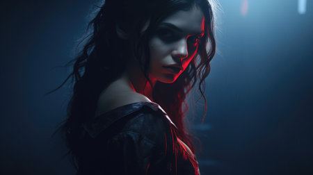 Portrait of a beautiful woman with red hair and makeup in the darkの素材