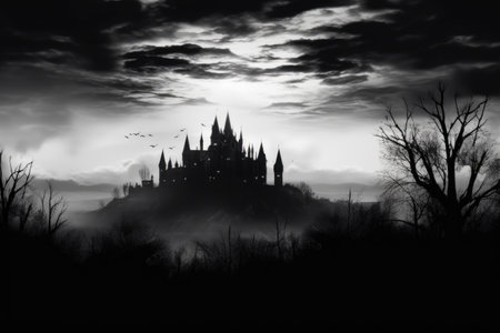 Halloween background with haunted castle and tree silhouettes. Black and whiteの素材