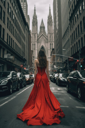 Beautiful young woman in long red dress in New York City.の素材